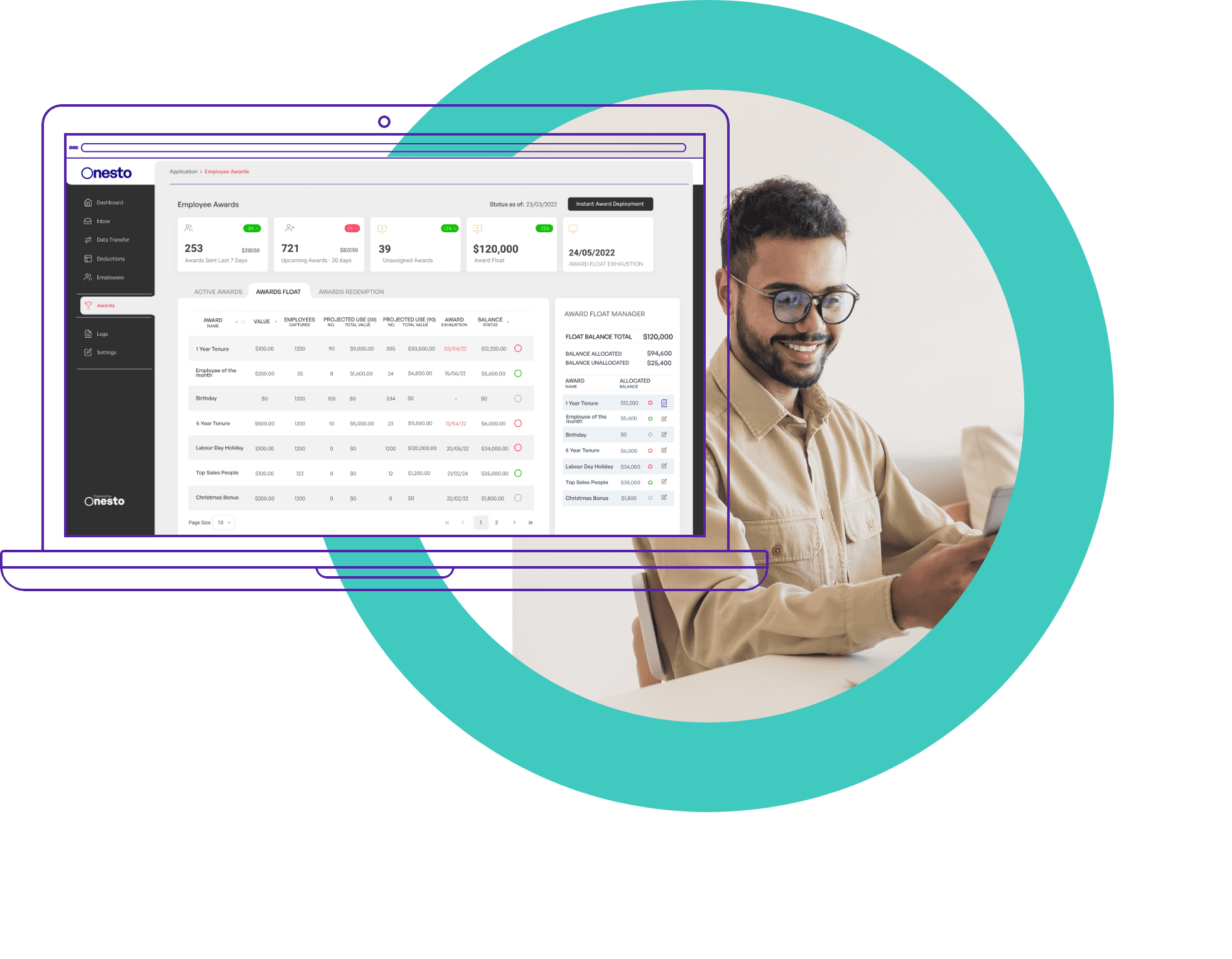 Onesto platform dashboard showing employee benefits and philanthropic programs interface with real-time analytics and engagement metrics
